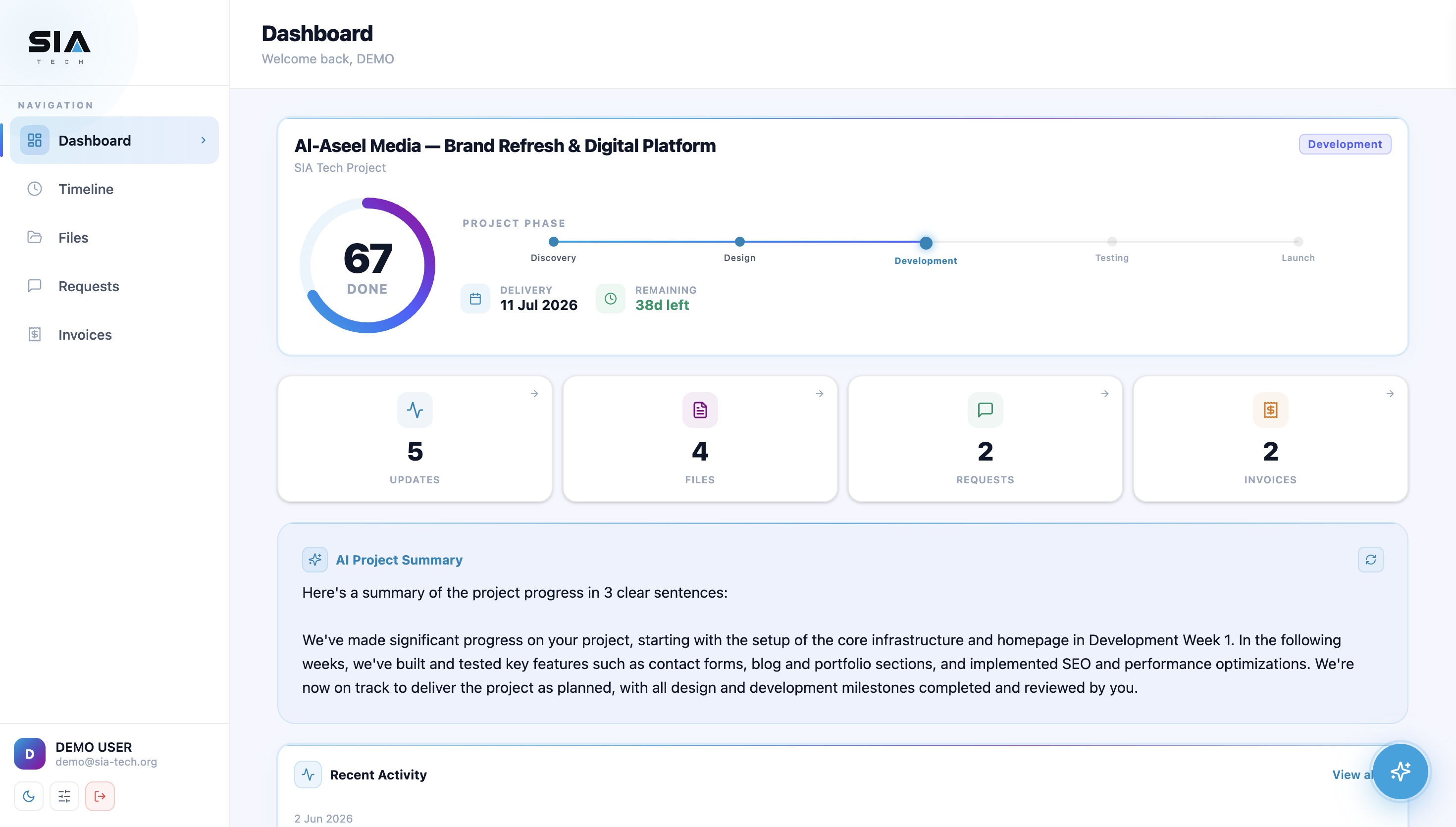 SIA Client Portal — live project dashboard with AI summaries, timeline, and invoices